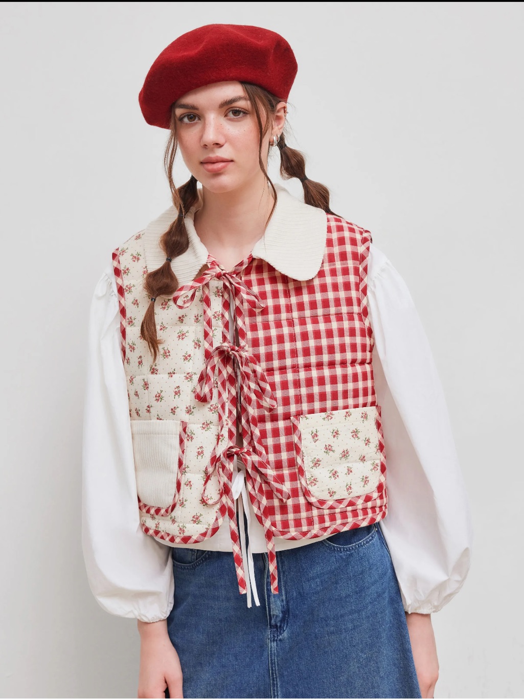 Nwt Cider Oversized Contrast Check Tie Front Bow Vest — image 8 of 8